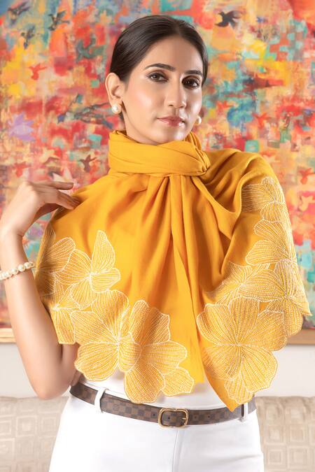 Mauli Cashmere_Mustard Magnificent Blooms Floral Embroidered Stole _Online_at_Aza_Fashions