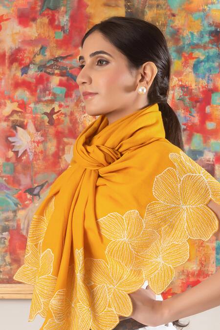 Buy_Mauli Cashmere_Mustard Magnificent Blooms Floral Embroidered Stole _Online_at_Aza_Fashions
