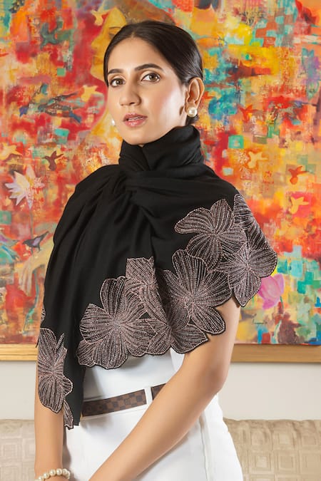 Mauli Cashmere_Black Magnificent Blooms Floral Embroidered Stole _Online_at_Aza_Fashions