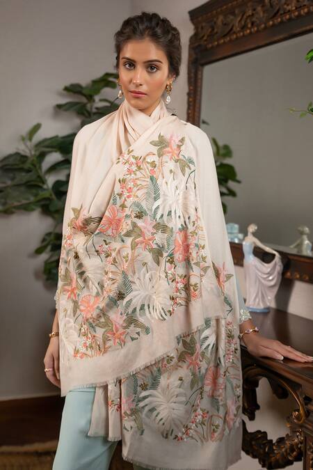 Mauli Cashmere_Beige Jungle Dream Floral Embroidered Stole _Online_at_Aza_Fashions