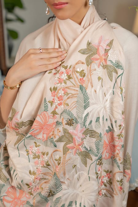 Buy_Mauli Cashmere_Beige Jungle Dream Floral Embroidered Stole _Online_at_Aza_Fashions
