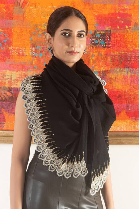 Mauli Cashmere_Black Midnight Glamour Embroidered Wool And Silk Stole _Online_at_Aza_Fashions