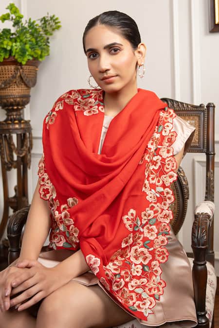 Mauli Cashmere_Red Orchidaceae Floral Embroidered Stole _Online_at_Aza_Fashions