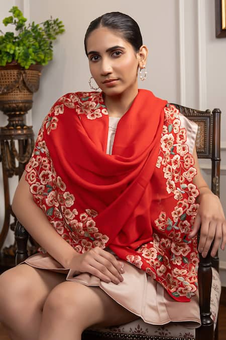 Mauli Cashmere Orchidaceae Floral Embroidered Stole 