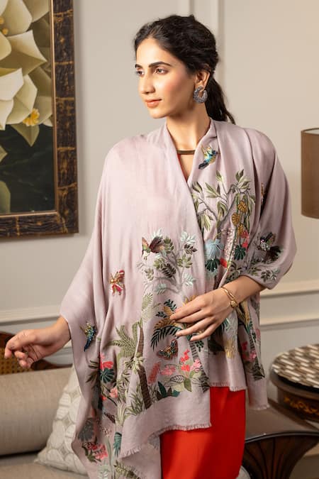 Mauli Cashmere_Lavender Natures Ballet Embroidered Wool Silk Stole _Online_at_Aza_Fashions