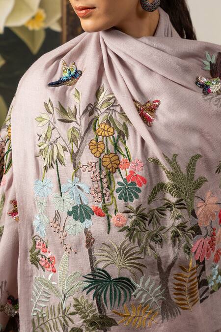 Buy_Mauli Cashmere_Lavender Natures Ballet Embroidered Wool Silk Stole _Online_at_Aza_Fashions