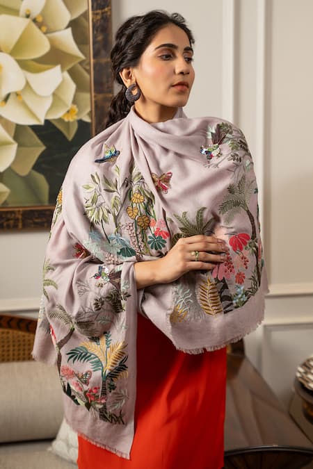 Mauli Cashmere Natures Ballet Embroidered Wool Silk Stole 