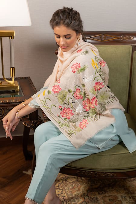Mauli Cashmere Sacred Lotus & The Swan Sacred Lotus & Swan Embroidered Stole 
