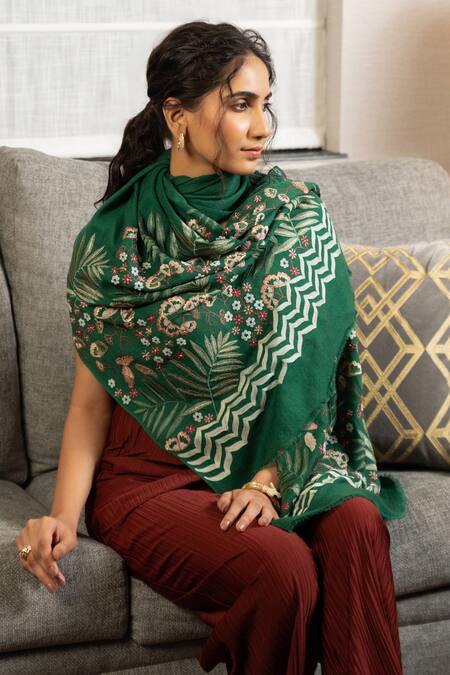 Mauli Cashmere_Emerald Green Secret Garden Embroidered Wool Silk Stole _Online_at_Aza_Fashions