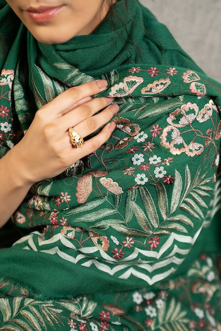 Buy_Mauli Cashmere_Emerald Green Secret Garden Embroidered Wool Silk Stole _Online_at_Aza_Fashions