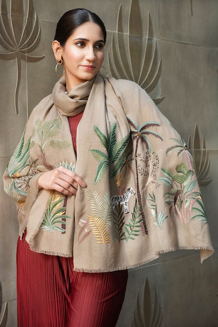 Mauli Cashmere Safari Dream Embroidered Wool Silk Stole 