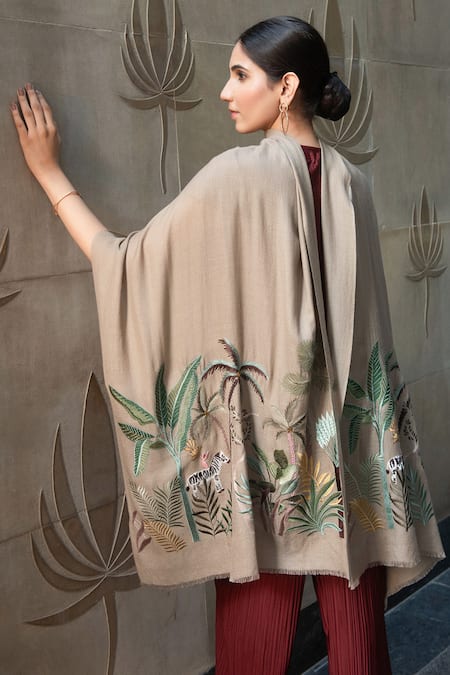 Mauli Cashmere_Gray Safari Dream Embroidered Wool Silk Stole _Online_at_Aza_Fashions