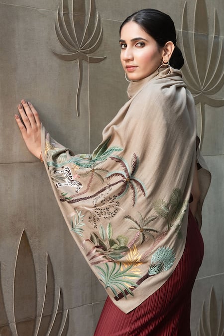 Buy_Mauli Cashmere_Gray Safari Dream Embroidered Wool Silk Stole _Online_at_Aza_Fashions