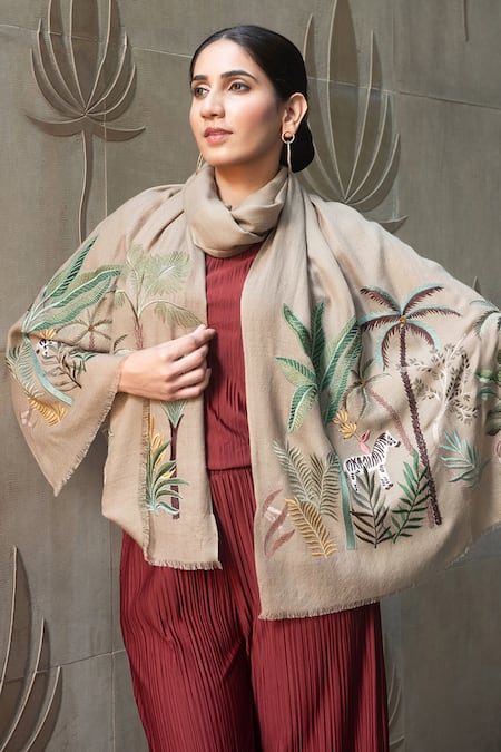 Mauli Cashmere Safari Dream Embroidered Wool Silk Stole 