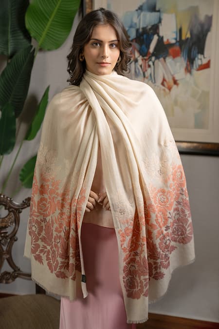 Mauli Cashmere Coral Blossom Floral Embroidered Stole 