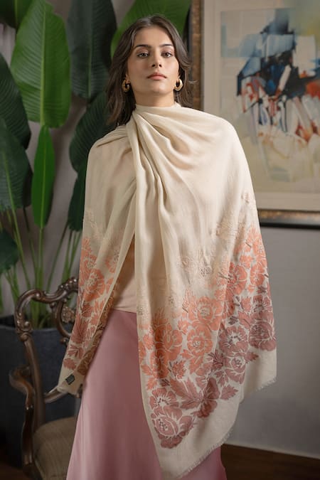 Mauli Cashmere_Beige Coral Blossom Embroidered Stole _Online_at_Aza_Fashions