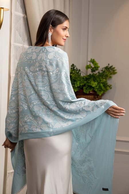 Mauli Cashmere Celestial Blue Embroidered Wool & Silk Stole 