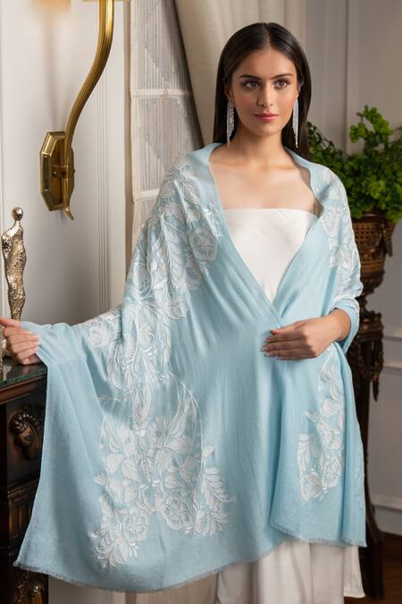 Mauli Cashmere_Sky Blue Celestial Embroidered Wool And Silk Stole _Online_at_Aza_Fashions