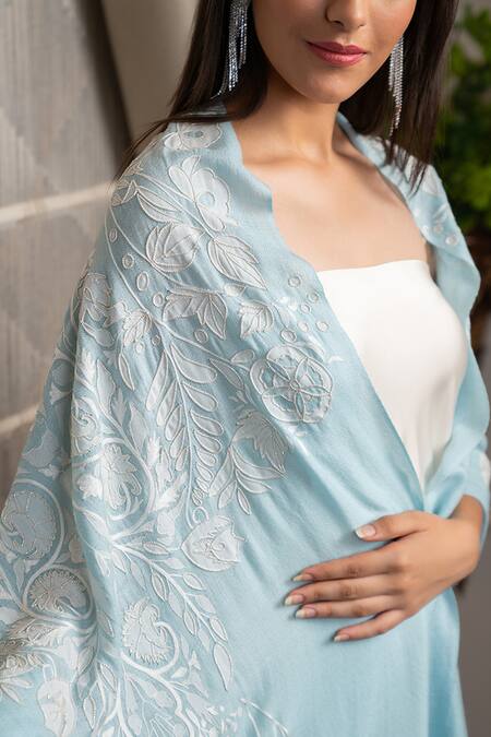Buy_Mauli Cashmere_Sky Blue Celestial Embroidered Wool And Silk Stole _Online_at_Aza_Fashions