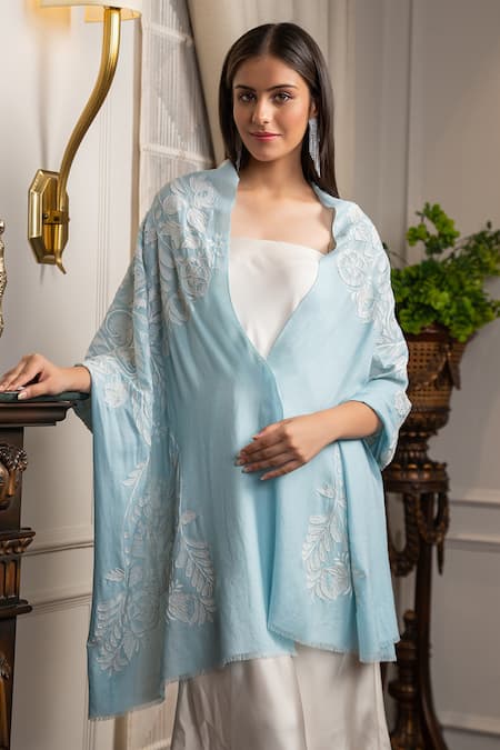 Mauli Cashmere Celestial Blue Embroidered Wool & Silk Stole 