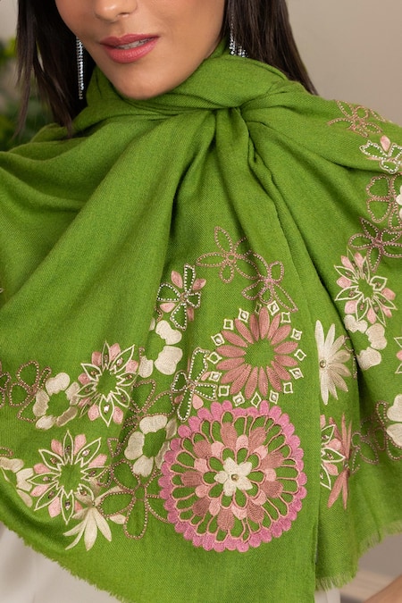 Mauli Cashmere_Green Spring Bouquet Embroidered Wool Silk Stole _Online_at_Aza_Fashions