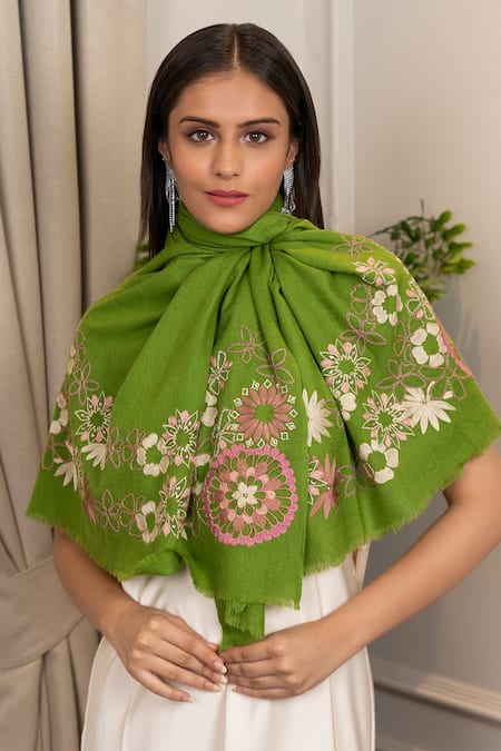 Mauli Cashmere Spring Bouquet Embroidered Wool Silk Stole 