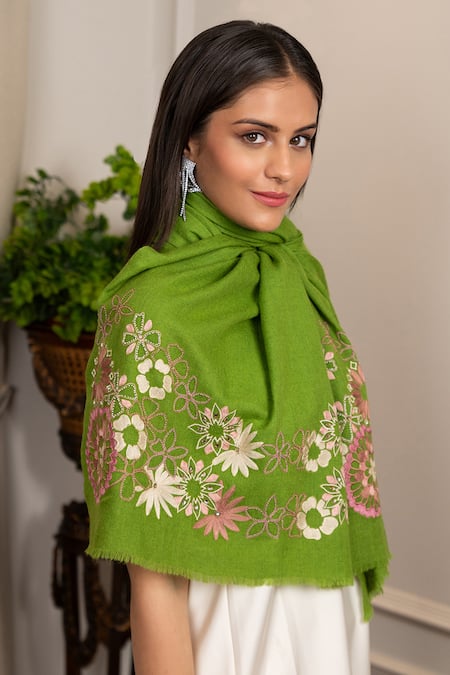 Mauli Cashmere Spring Bouquet Embroidered Wool Silk Stole 
