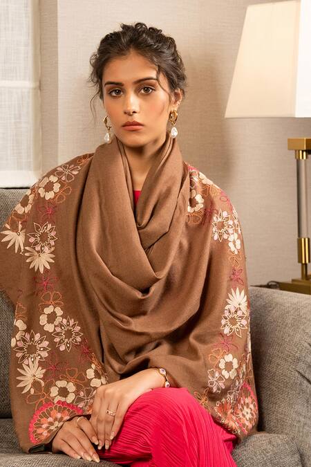Mauli Cashmere_Brown Spring Bouquet Floral Embroidered Wool Silk Stole _Online_at_Aza_Fashions