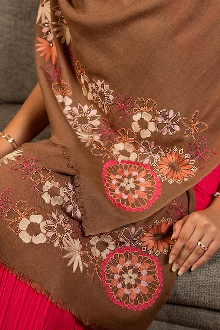 Buy_Mauli Cashmere_Brown Spring Bouquet Floral Embroidered Wool Silk Stole _Online_at_Aza_Fashions