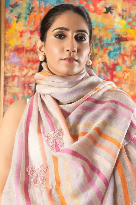 Buy_Mauli Cashmere_Beige Bow Love Striped Butterfly Embroidered Wool Silk Stole _Online_at_Aza_Fashions