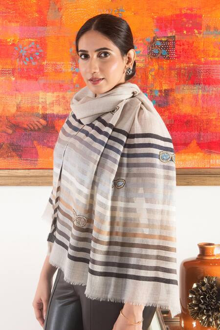 Buy_Mauli Cashmere_Gray Chic Striped Motif Wool Silk Stole _Online_at_Aza_Fashions