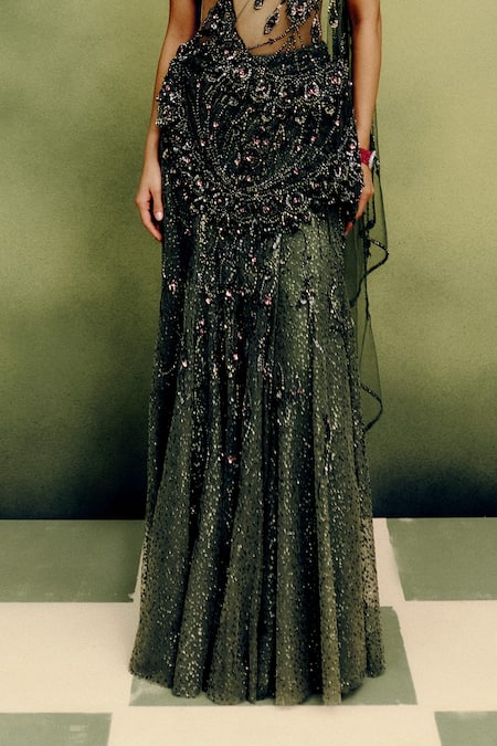 Dolly J_Green Net Embroidery, Beads Viridara Draped Saree _Online_at_Aza_Fashions