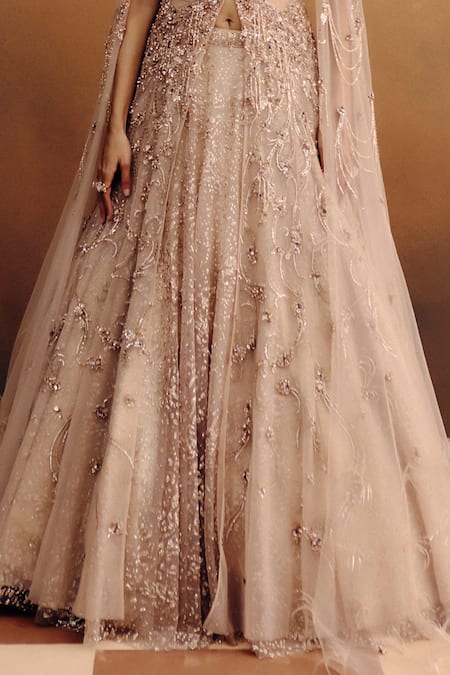 Dolly J_Peach Net Embroidery, Beads, Sequins Aureline Jacket Kurta And Skirt Set _Online_at_Aza_Fashions