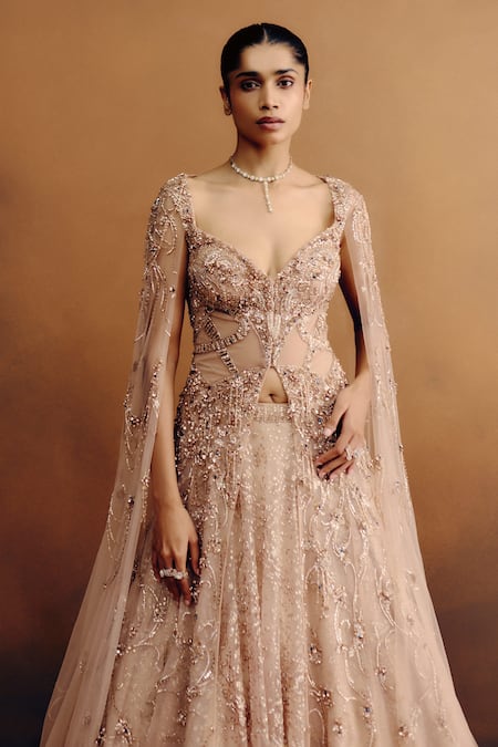 Buy_Dolly J_Peach Net Embroidery, Beads, Sequins Aureline Jacket Kurta And Skirt Set _Online_at_Aza_Fashions