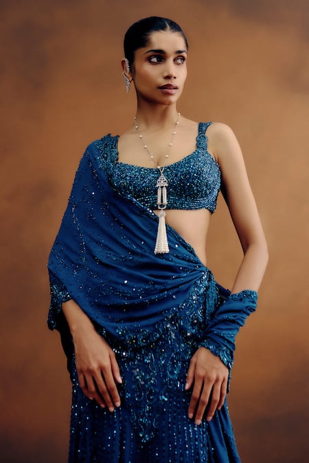 Dolly J_Blue Georgette Crystals, Embroidery Oceanelle Draped Saree _Online_at_Aza_Fashions