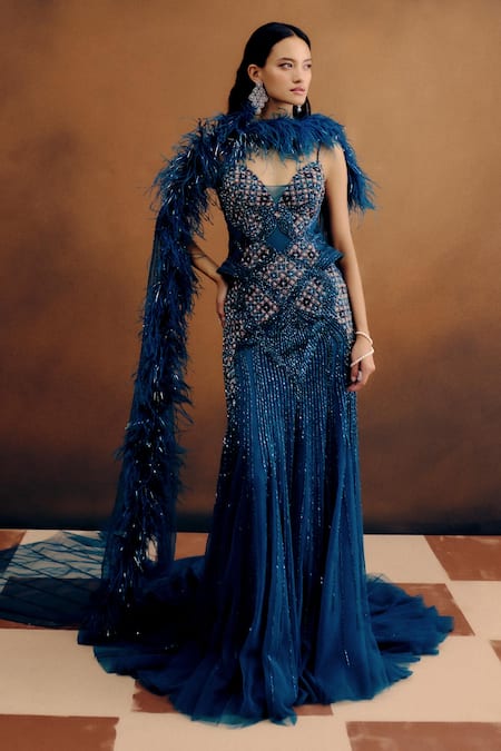 Dolly J Cyanarelle Gown With Faux Feather Drape 
