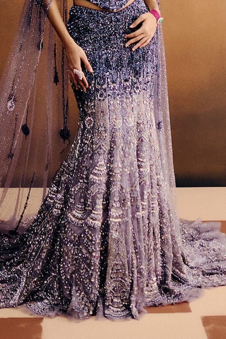 Dolly J_Purple Net Crystals, Gemstones, Sequins Aurora Violette Corset And Skirt Set _Online_at_Aza_Fashions