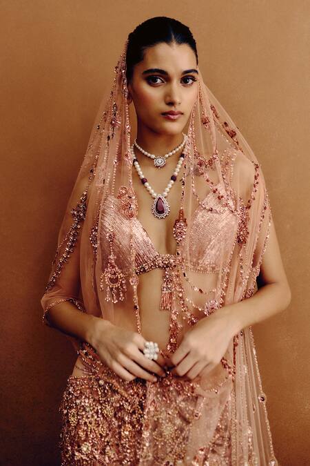 Buy_Dolly J_Rose Gold Net Embroidery, Crystals, Stones, Sequins, Beads Amberlux Lehenga Set _Online_at_Aza_Fashions