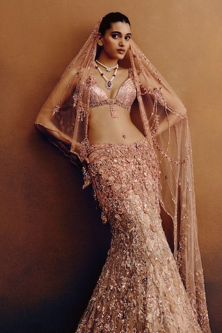 Shop_Dolly J_Rose Gold Net Embroidery, Crystals, Stones, Sequins, Beads Amberlux Lehenga Set _Online_at_Aza_Fashions