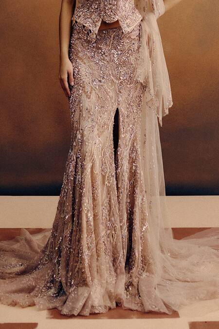 Buy_Dolly J_Pink Net Crystals, Embroidery, Sequins, Beads Orlencia Corset And Skirt Set _Online_at_Aza_Fashions