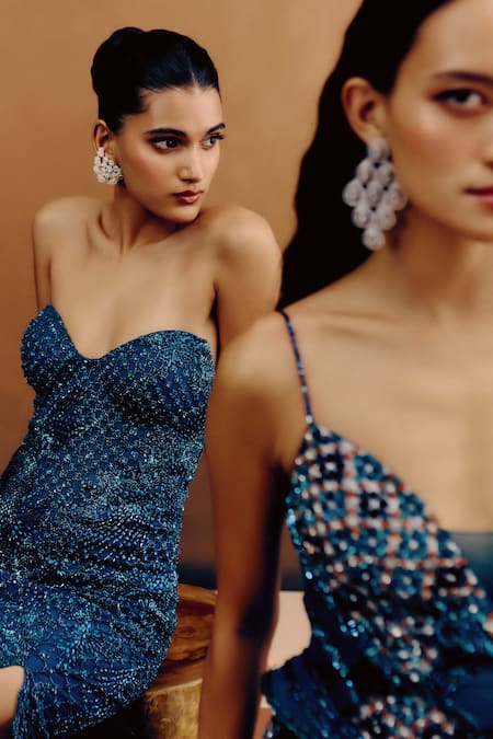 Buy_Dolly J_Teal Net Crystals, Beads, Sequins Sweetheart Neck Bandeau Gown _Online_at_Aza_Fashions
