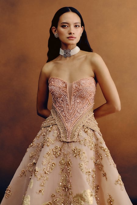 Buy_Dolly J_Blush Organza, Jacquard Crystals, Embroidery, Stones Ballet Rose Corset Gown _Online_at_Aza_Fashions