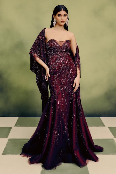 Dolly J Sangria Gown With Draped Cape 