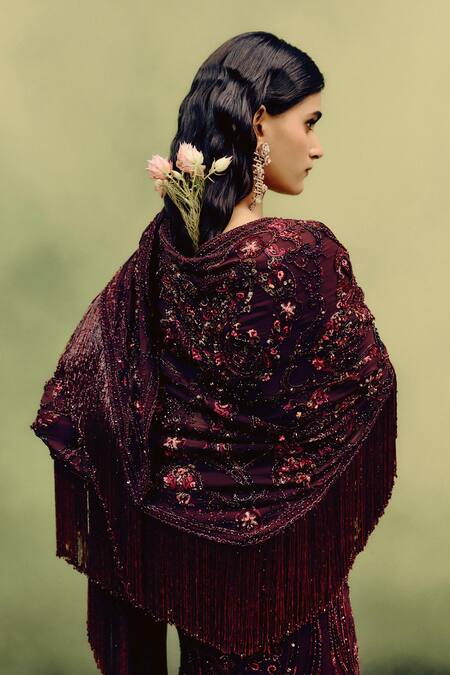Buy_Dolly J_Burgundy Georgette Beads, Crystals, Sequins, Sangria Gown With Draped Cape _Online_at_Aza_Fashions