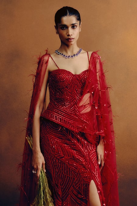 Dolly J_Red Tulle Embroidery, Sequins, Feathers, Stones Rouge Ascend Corset And Skirt Set _Online_at_Aza_Fashions