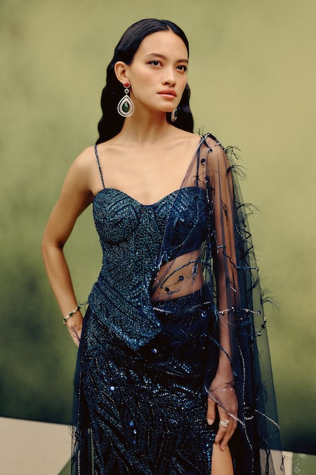 Dolly J_Navy Tulle Sequins, Embroidery, Feathers Celeste Plume Corset And Skirt Set _Online_at_Aza_Fashions