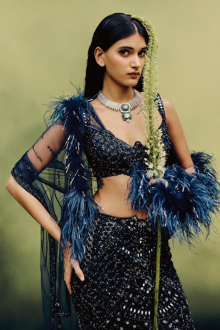 Dolly J_Navy Tulle Embroidery, Mirrors, Feathers, Sequins Noir Illume Blouse And Skirt Set _Online_at_Aza_Fashions