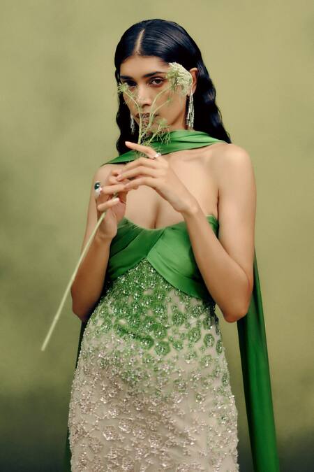 Dolly J_Green Net Beads, Sequins Sweetheart Neck Slyvan Muse Gown With Drape _Online_at_Aza_Fashions