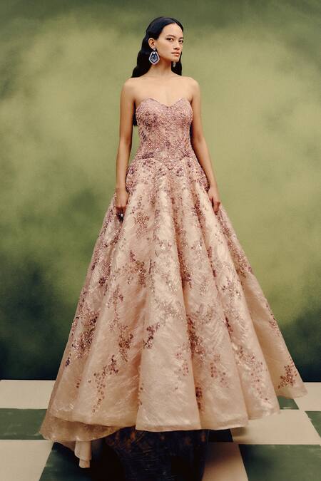 Dolly J_Beige Organza, Tissue Sequins, Beads Sweetheart Neck Aurum Eclat Gown _Online_at_Aza_Fashions