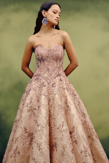 Shop_Dolly J_Beige Organza, Tissue Sequins, Beads Sweetheart Neck Aurum Eclat Gown _Online_at_Aza_Fashions